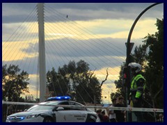 Murcia City Centre South part - The police is preparing for a biking competition at Plaza Martínez Tornel. Pasarela bridge in the back.